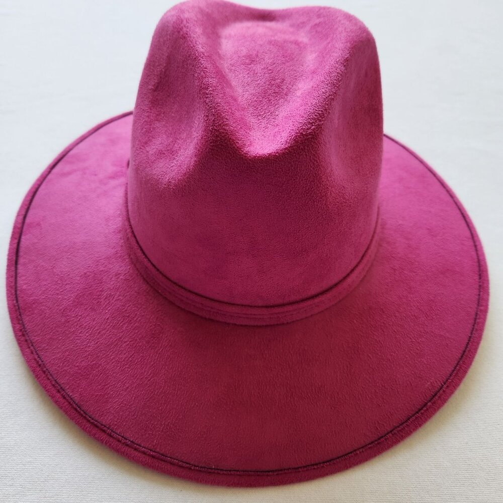 Fuschia Pink Suede Wide-Brim Rancher Fedora Hat Festival Boho Rodeo Western - Picture 3 of 7